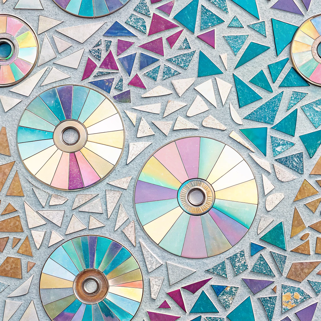 Crushed CD Shards Iridescence: Develop shimmering, iridescent patterns by carefully breaking old CDs/DVDs into small pieces and arranging them mosaic-style on a surface, then sealing with resin to capture the light-play.