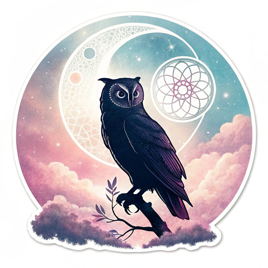 Kinetic Owl Dreamscape: The iconic EDC owl from the Kinetic Stage, silhouetted against a swirling, pastel-colored dream cloudscape, with subtle geometric light patterns emanating from the owl's eyes, evoking a serene, magical experience.