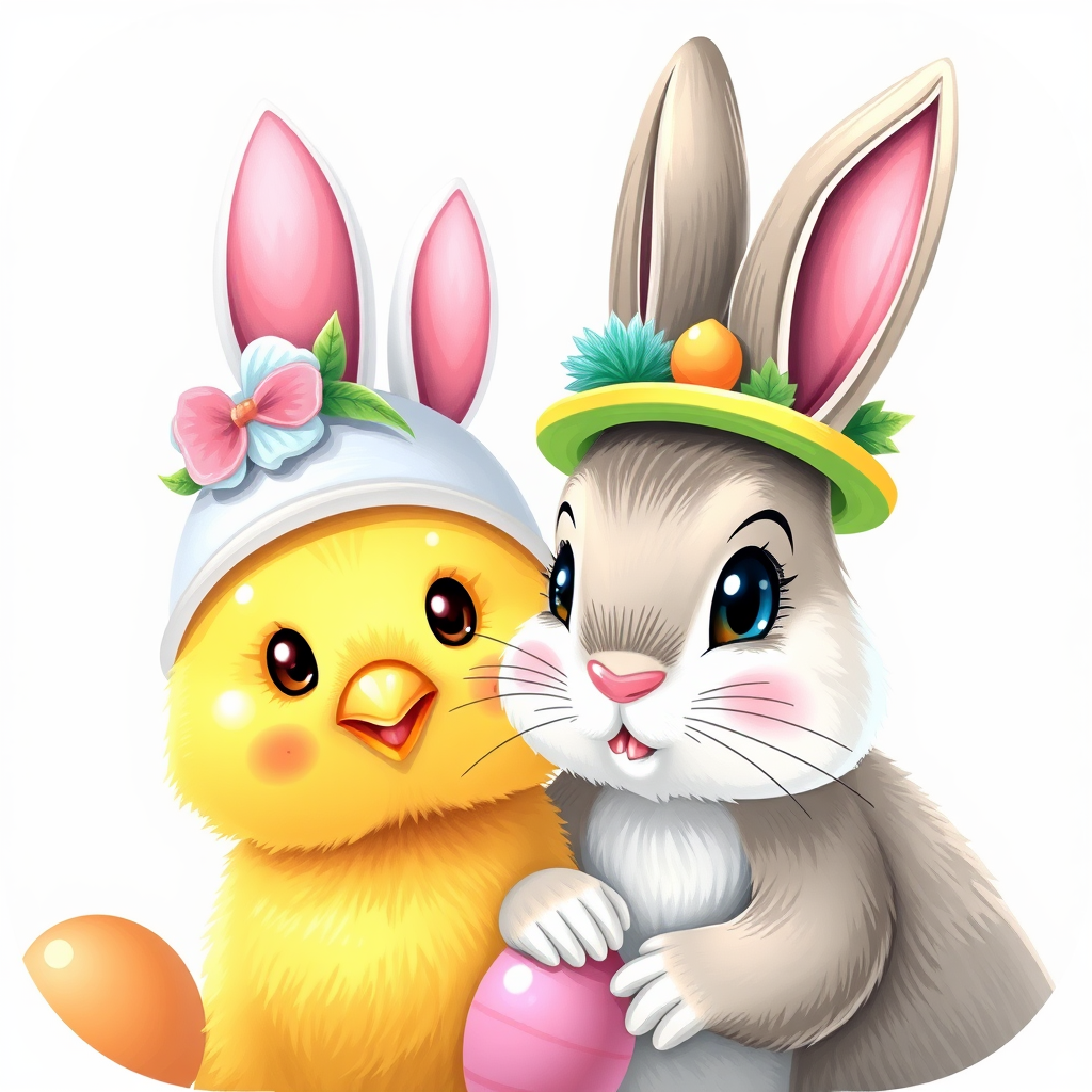 Chick and bunny are wearing Easter bonnets.