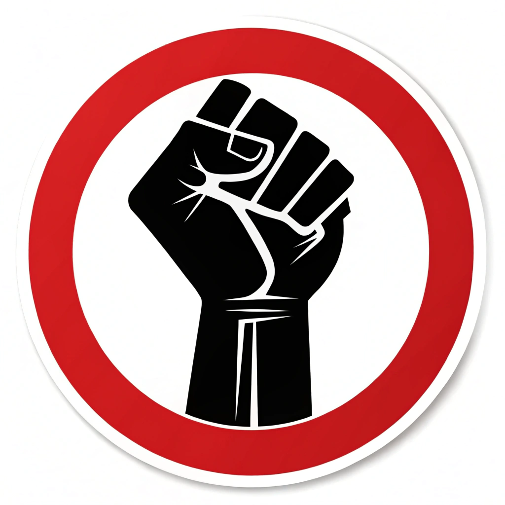Design 1: A classic, bold black raised fist centered on a vibrant red circular sticker background.