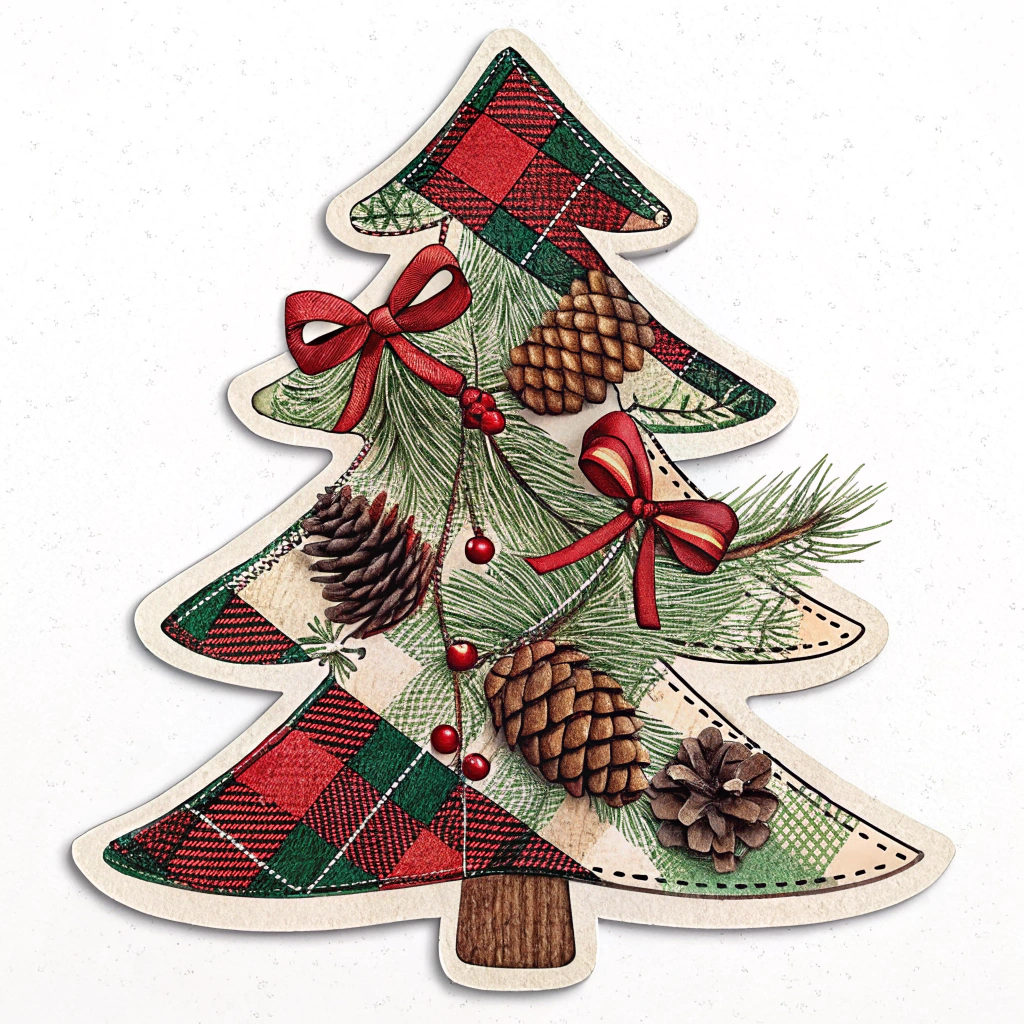 A plaid-patterned Christmas tree sticker inspired by rustic holiday décor, featuring patches of red and green plaid fabric with pinecones and ribbons.