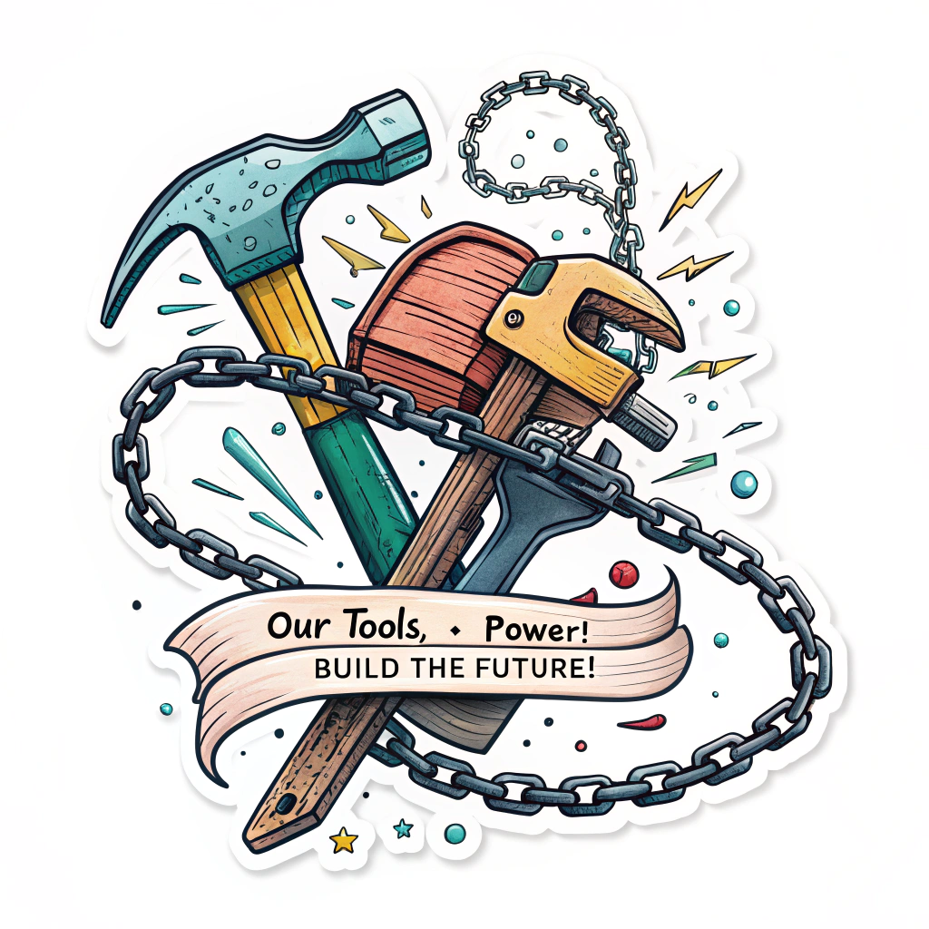 Sub-Design Idea 5: The tools depicted dynamically, as if in constructing motion or breaking chains, accompanied by an empowering May Day slogan like 'Our Tools, Our Power!' or 'Build the Future!' integrated into the design.