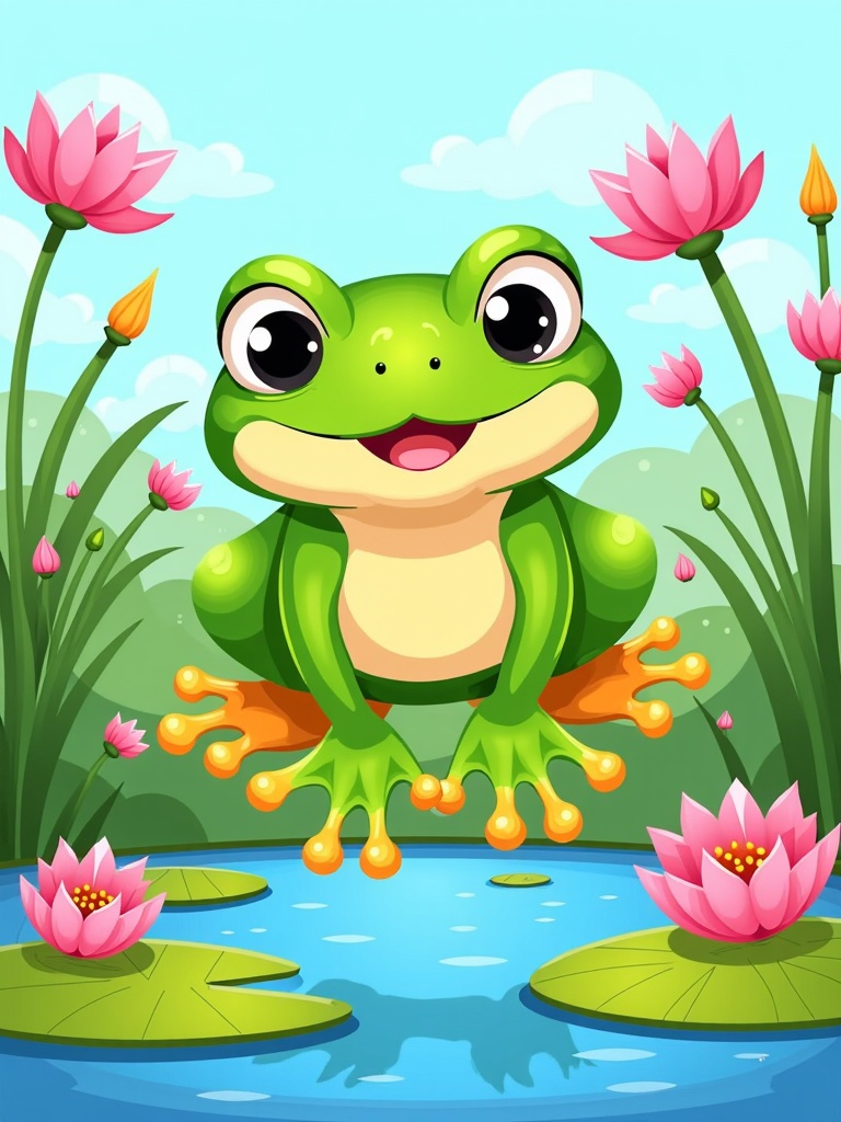 The image is a cartoon illustration of a green frog sitting on a lily pad in a pond. The frog is smiling and has big, round eyes and a big smile on its face. It is sitting on its hind legs with its front paws resting on the lily pads. The pond is surrounded by pink lotus flowers and green plants. The background is a light blue sky with white clouds. The overall mood of the image is cheerful and playful.