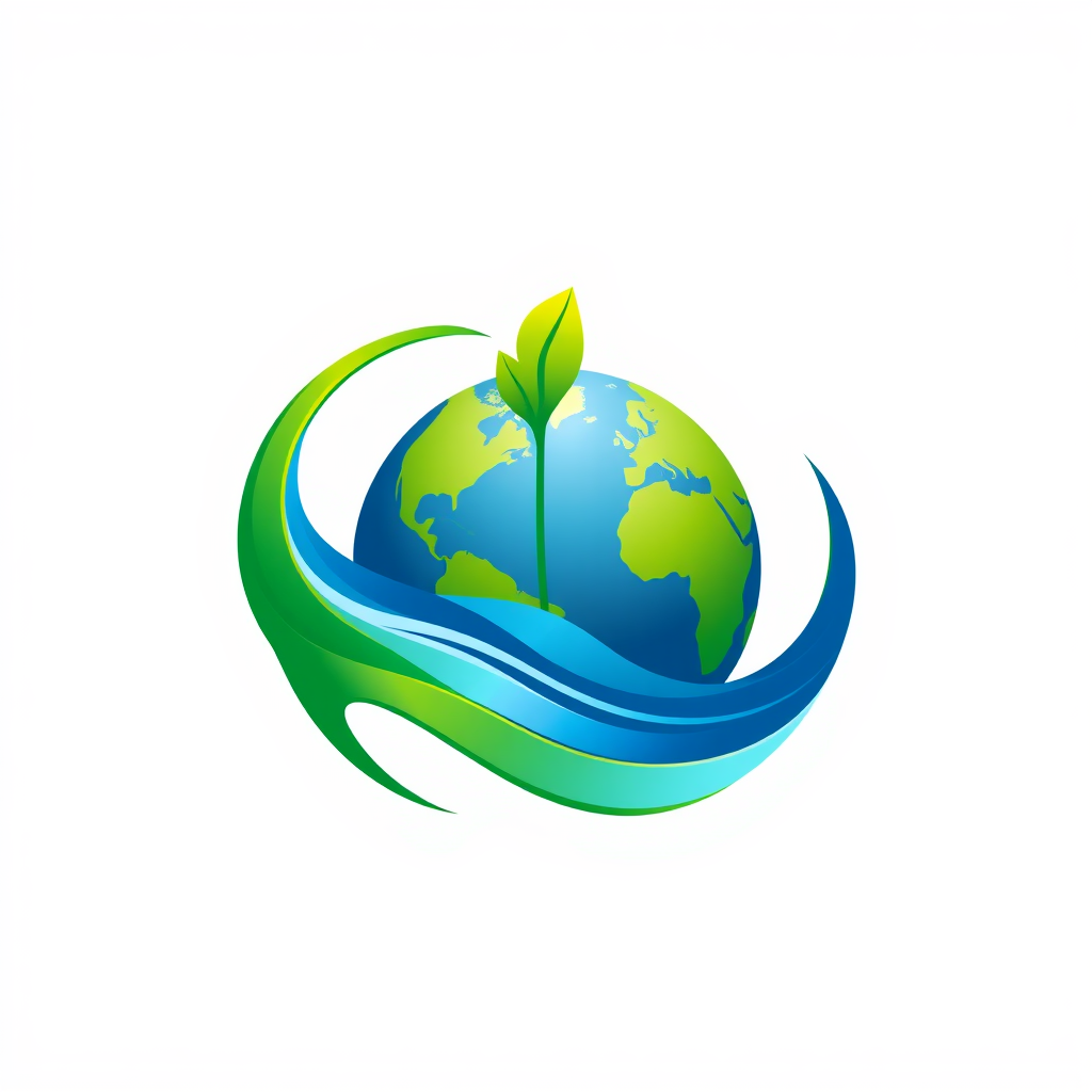 Design concept 1: An Earth icon encircled by dynamic, flowing lines in shades of green and bright blue, representing wind and water energy. These lines could subtly form an upward arrow or a young sprout, symbolizing a sustainable future and growth.
