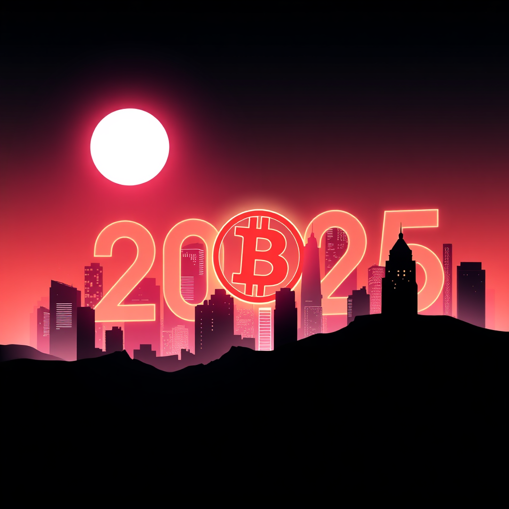 Concept 2: A futuristic cityscape silhouette where key buildings or light trails subtly form the '2025'. A prominent, stylized Bitcoin symbol acts as a moon or a central beacon in this cityscape. Style: Neon accents on a dark, sophisticated background, conveying 'Futuristic Finance'.