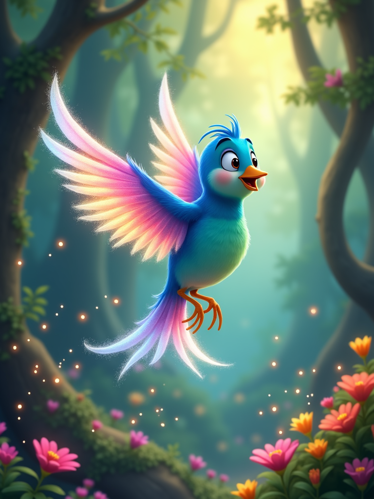 A bird that has a natural ability to emit light from its feathers, creating a subtle glowing rainbow effect as it moves.