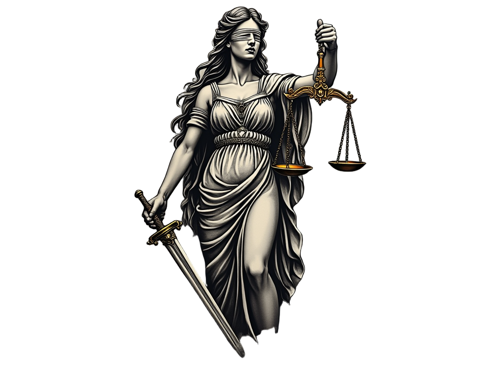 The Lady Justice tattoo is highlighted with gold ink on her scales and sword, symbolizing the preciousness of justice.