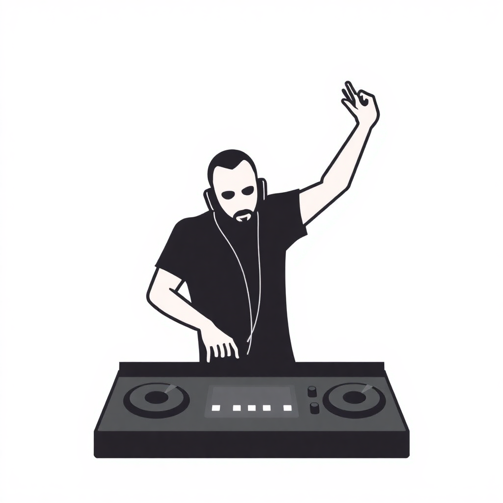 The image is a black and white illustration of a DJ playing music on a turntable. The DJ is wearing a black t-shirt and has a beard and mustache. He is also wearing headphones around his neck. His right hand is raised in the air, as if he is making a peace sign with his fingers. The background is plain white.