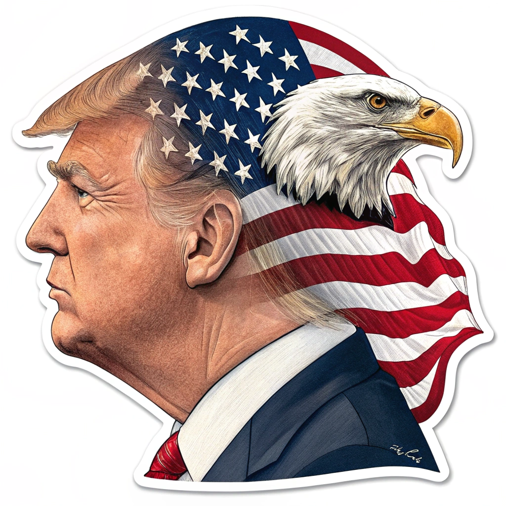 A sticker featuring Donald Trump's head with an American flag pattern, overlaid with a bald eagle silhouette.