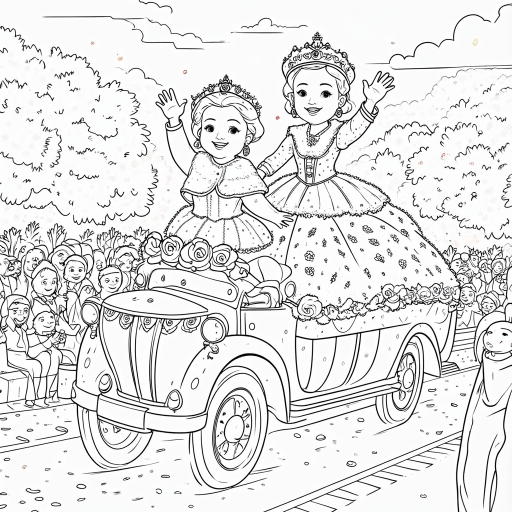Grand Floral Parade Showcase: The Queen and Court waving from their elaborately decorated parade float, adorned with roses. Include elements like confetti, cheering crowds (simplified for coloring), and other parade participants.