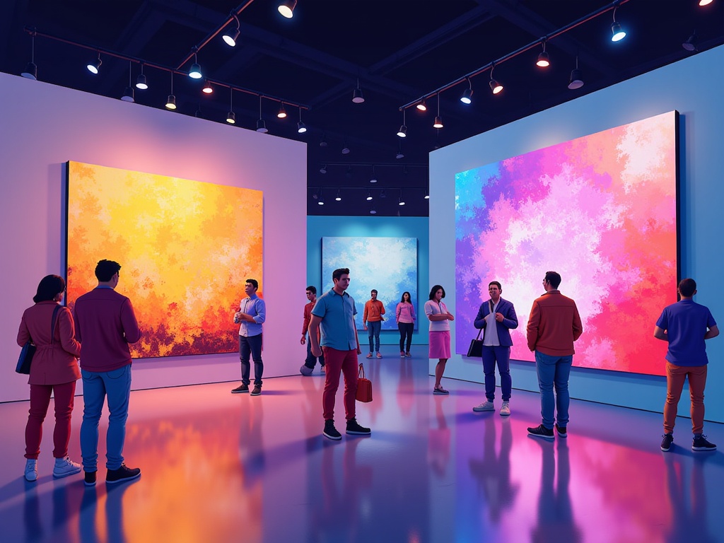 An illustration depicting a 'gallery' where some images are clearly human-made (e.g., with visible brushstrokes or photographic imperfections) and others are sleek, AI-generated pieces, prompting the viewer to consider the differences and similarities.