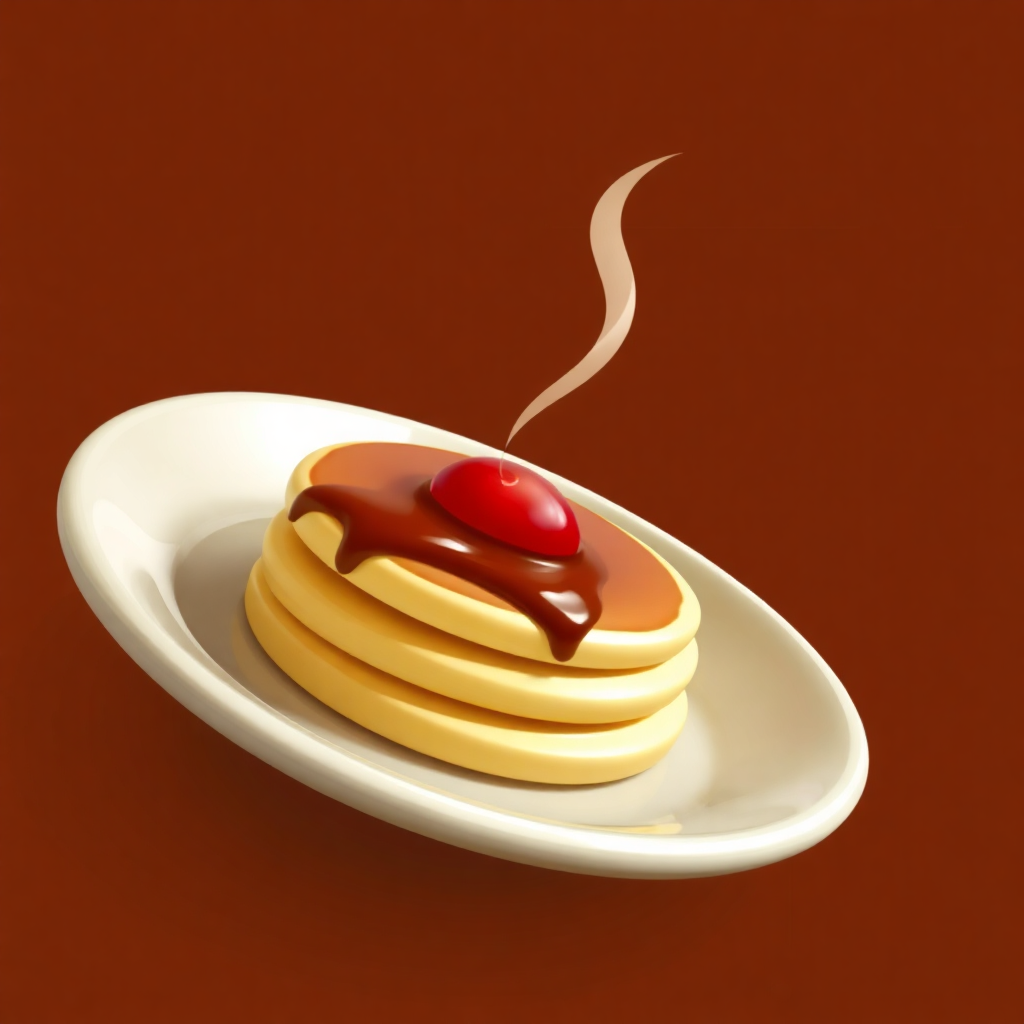 The image is a digital illustration of a stack of pancakes on a white plate. The pancakes are golden brown and appear to be freshly made. On top of the pancakes, there is a drizzle of chocolate sauce with a cherry on top. The sauce is dripping down the sides of the plate, creating a wispy trail of smoke. The background is a solid orange color. The overall design is simple and cartoon-like.