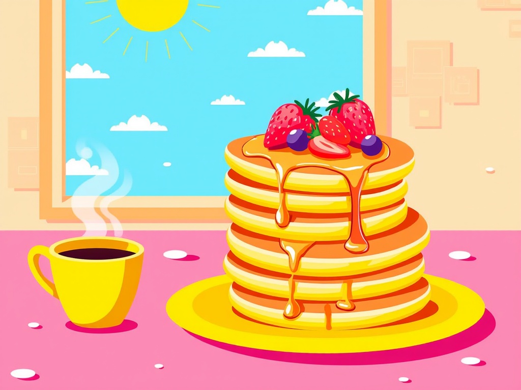  a stack of pancakes on a yellow plate with a cup of coffee on the side. The pancakes are golden brown and appear to be freshly made. On top of the stack, there are fresh strawberries and blueberries. The syrup is dripping down the sides of the pancakes. The background is a pink tablecloth with white polka dots. There is a window with a blue sky and white clouds, and a yellow sun is visible in the top right corner. The overall color scheme of the image is bright and cheerful.