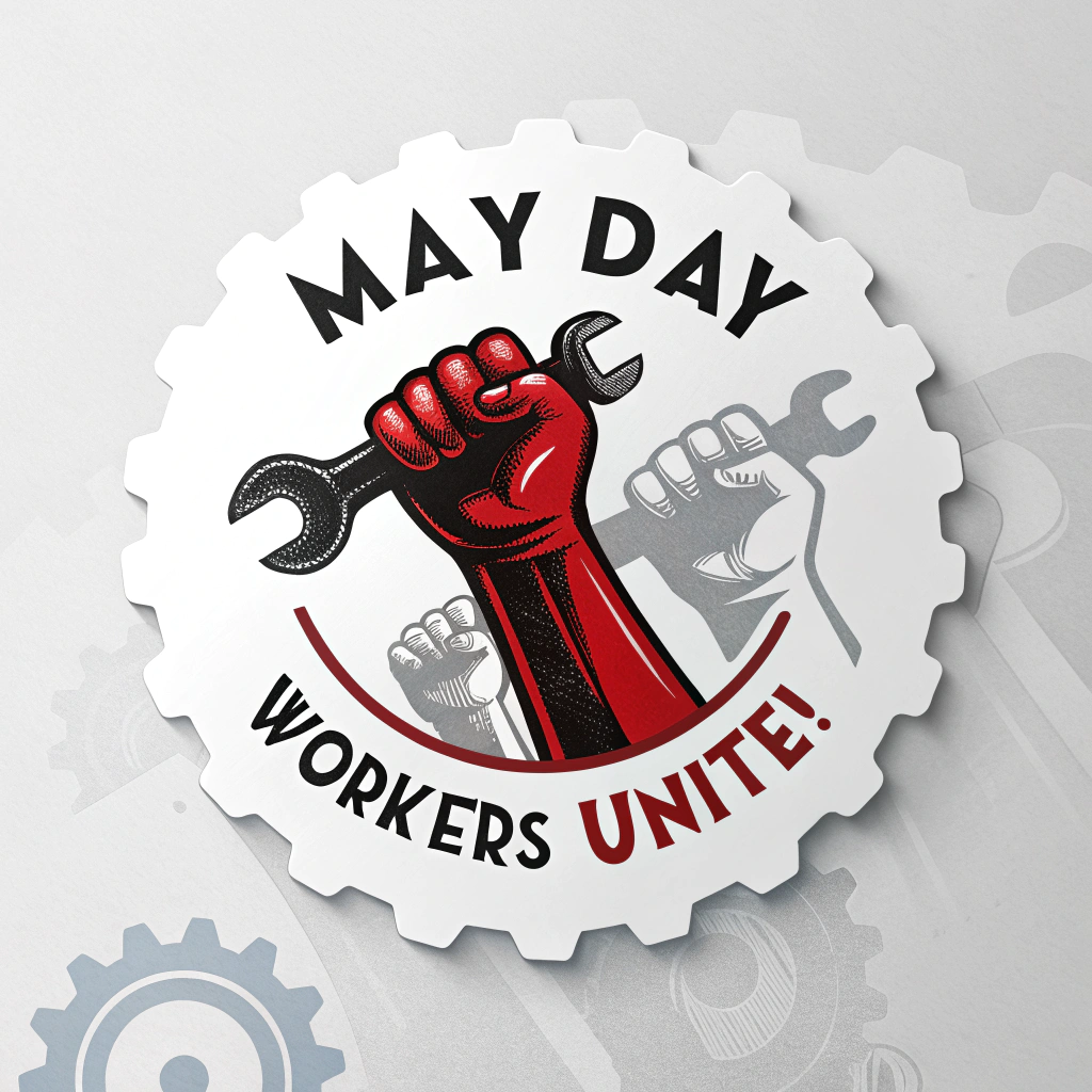A central, bold raised fist, possibly in red or black, clutching a hammer or wrench. The text 'MAY DAY: WORKERS UNITE!' or 'SOLIDARITY' is prominently displayed in a strong, sans-serif font. A subtle background element could be a gear or a faint pattern of interlocked tools.
