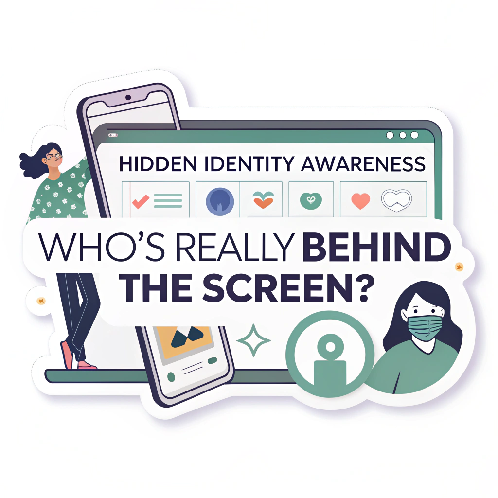 Hidden Identity Awareness Sticker: An illustration showing a computer or phone screen with a chat interface. One side shows a friendly, generic avatar, while the other side shows a shadowy figure, a mask, or a featureless avatar, symbolizing the anonymity of strangers online. Text: 'Who's Really Behind The Screen?'