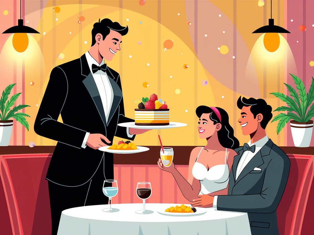 A waiter serving a beautifully decorated dessert to a couple at a restaurant.