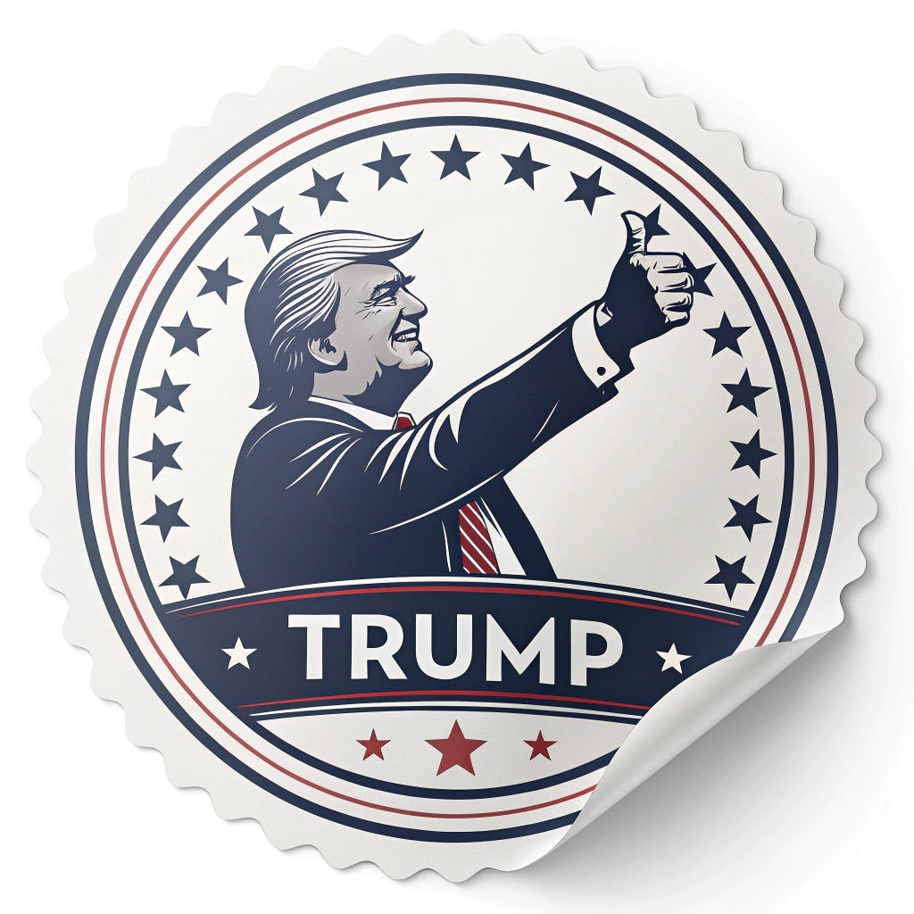 A seal sticker using a silhouette of Trump with his iconic thumbs up pose inside a circular frame with text around the border.