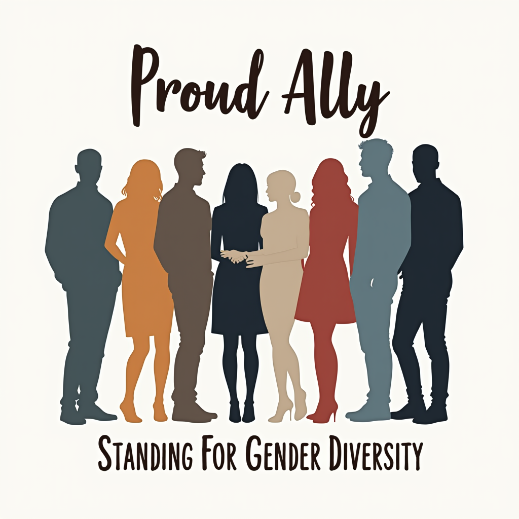 A design featuring diverse, minimalist silhouettes standing together in solidarity. One silhouette could be subtly highlighted or reaching out. Text: 'Proud Ally' clearly stated, and 'Standing for Gender Diversity' as a supporting message.
