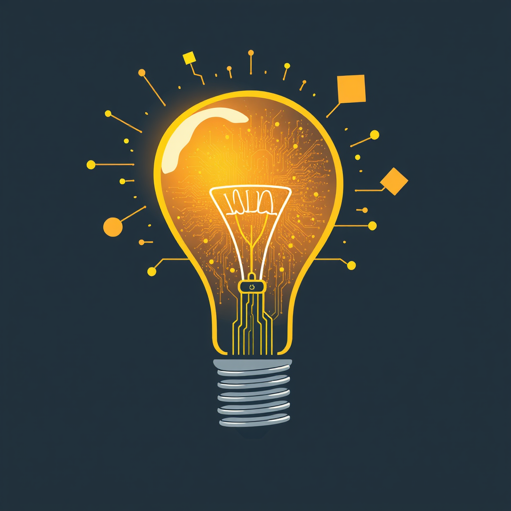 Idea Burst from Circuit-Patterned Lightbulb Core: The lightbulb acts as a central core, emitting stylized particles, geometric shapes, or abstract light forms. These emitted elements are subtly textured with micro-circuit patterns, representing generated ideas.
