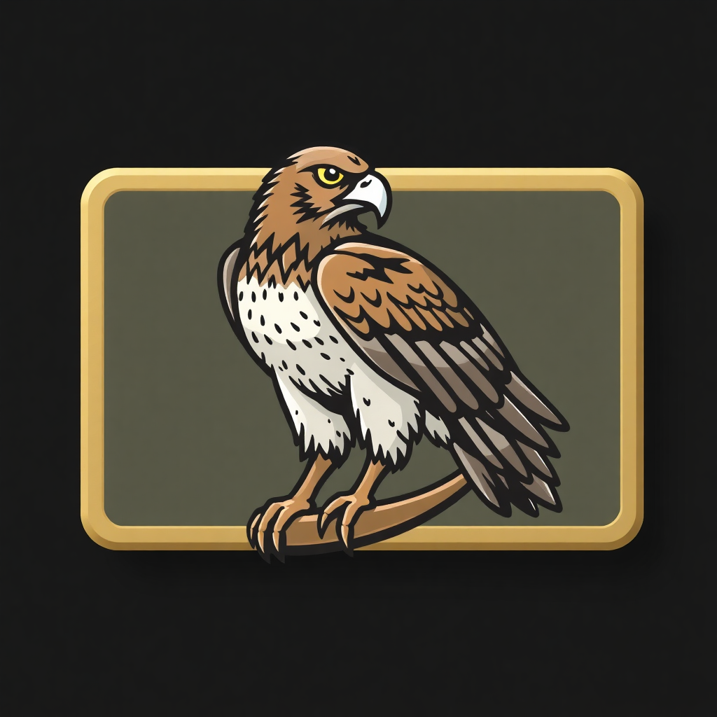 The image is a square-shaped logo with a black background. In the center of the logo, there is an illustration of a hawk perched on a branch. The hawk is facing towards the right side of the image and its head is turned slightly to the left. It has a brown body with white spots on its wings and tail. Its beak is yellow and its eyes are dark. The bird's talons are brown and its legs are black. The logo has a gold border around the edges.