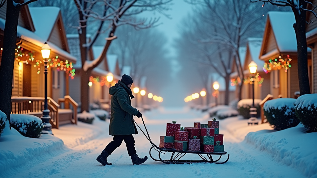 A serene, snow-veiled street lined with charming houses strung with Christmas lights. In the center, a silhouette of a lone figure, bundled in a coat and scarf, pulls a sled filled with presents. Lampposts cast a gentle glow on the snow, creating a tranquil and heartwarming scene suggesting the spirit of giving during the holidays.