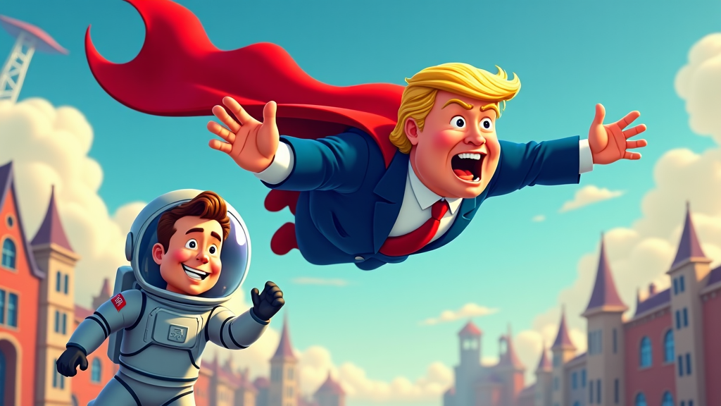 Cartoon Donald Trump, dressed as a superhero, flying over a city while Elon Musk, in astronaut attire, waves from a telescope observatory.