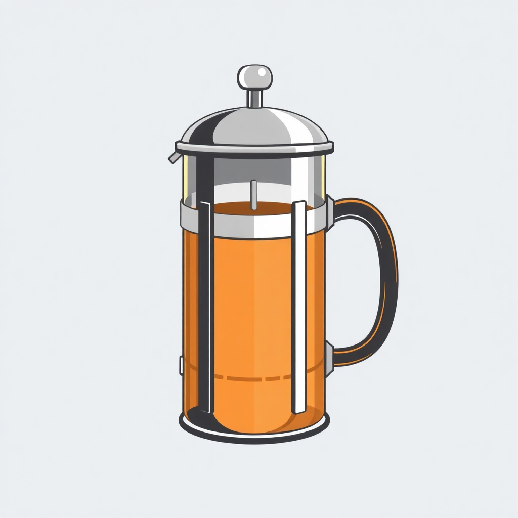 The image is an illustration of a french press coffee maker. It is a glass jar with a silver lid and a handle on the right side. The jar is filled with an orange-colored liquid, which appears to be freshly brewed coffee. The lid has a small knob on top, which is likely used to open and close the jar. The handle is curved and has a handle for easy pouring. The background is white, making the orange color of the jar stand out.