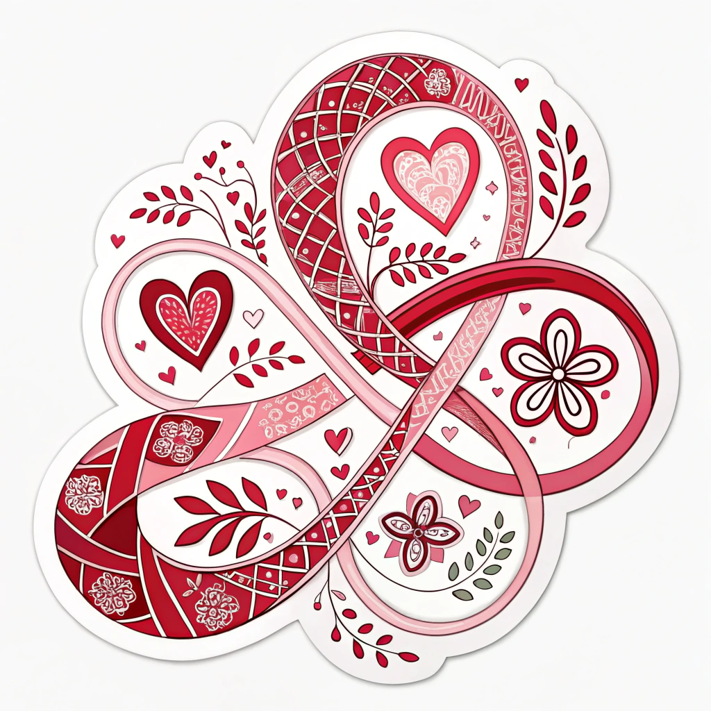 A series of stickers featuring abstract patterns in shades of red, pink, and white, incorporating elements like flowing lines and intertwined shapes to represent love.