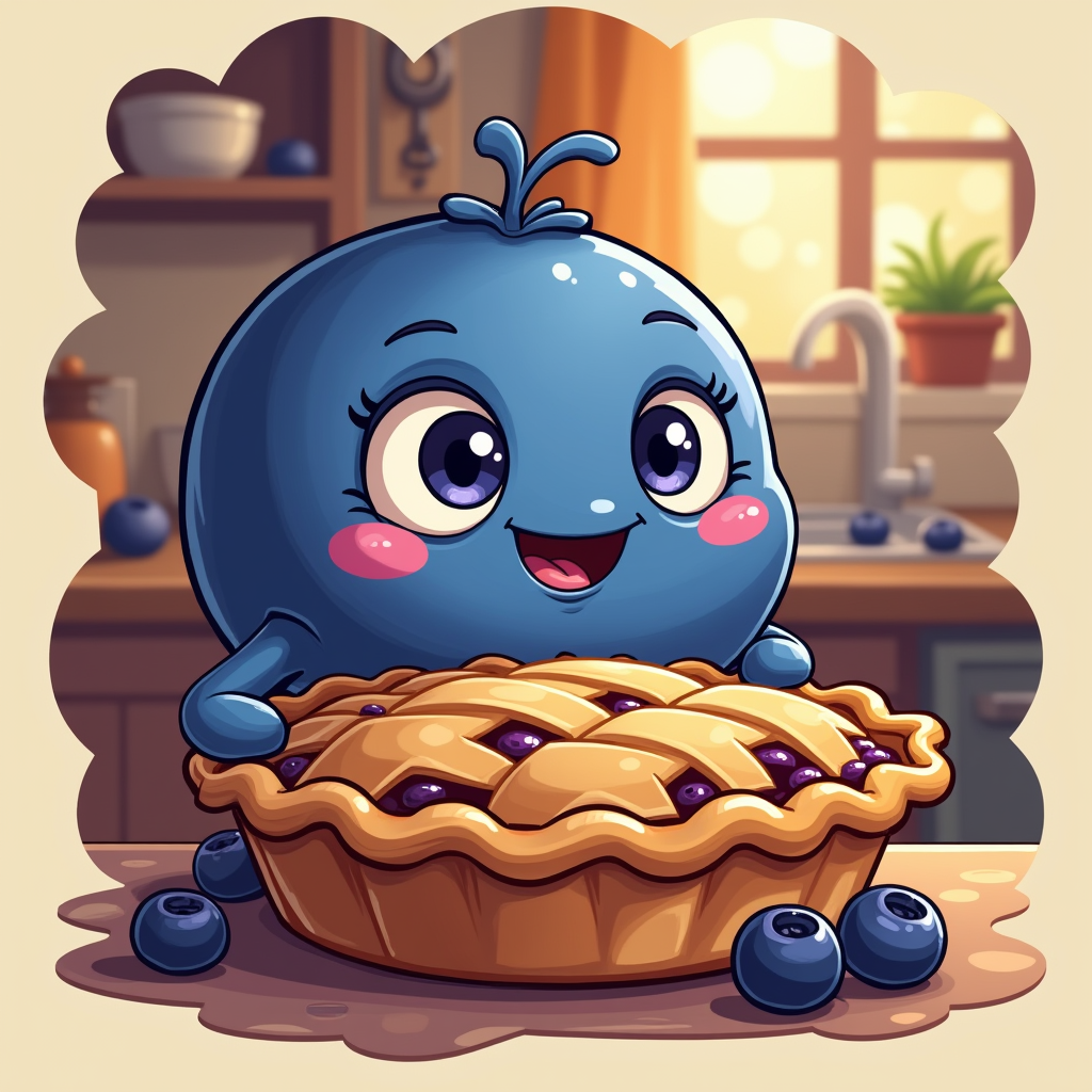 A slightly mischievous cartoon blueberry character peeking out from behind a large blueberry pie, eyes wide. Text: 'Just here for the pie.'