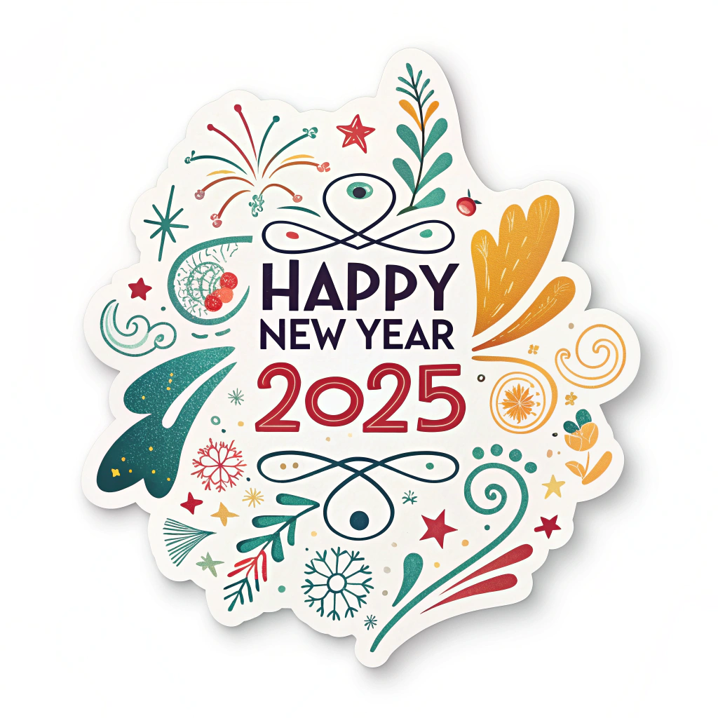 The image shows a white background with a sticker that reads Happy New Year 2025 in bold, colorful lettering. The sticker is decorated with festive designs, such as stars, snowflakes, and holly leaves, to celebrate the start of a new year.