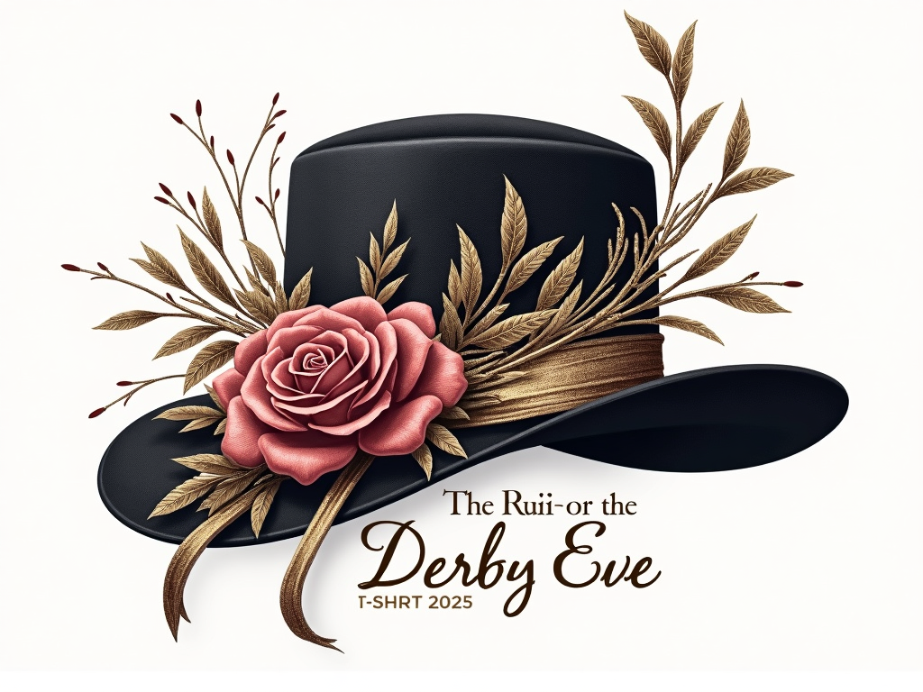 Derby Eve Glamour: A T-shirt focused on an ornate Derby hat silhouette with detailed floral or ribbon elements. Text 'Derby 2025' or 'The Run for the Roses 2025' gracefully placed. Consider subtle metallic ink accents.