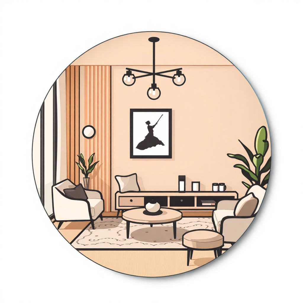 The image is a circular illustration of a living room. The room has a beige wall with a large window on the left side. On the right side, there is a wooden cabinet with various decorative items on top. In front of the cabinet, there are two white armchairs with black cushions. In the center of the room is a round coffee table with a vase on it. Above the coffee table is a black chandelier with three lights hanging from the ceiling. The floor is covered with a white rug. There are two potted plants on either side of the table. The overall style of the illustration is modern and minimalistic.