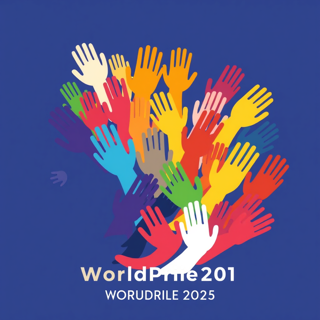 Flowing River of Hands: A dynamic, flowing 'river' composed of numerous stylized handprints or abstract hand shapes in various pride colors, all moving cohesively. The design features soft, organic edges, signifying collective joyful movement, natural force, and the 'Hand-in-Hand' aspect of WorldPride 2025.