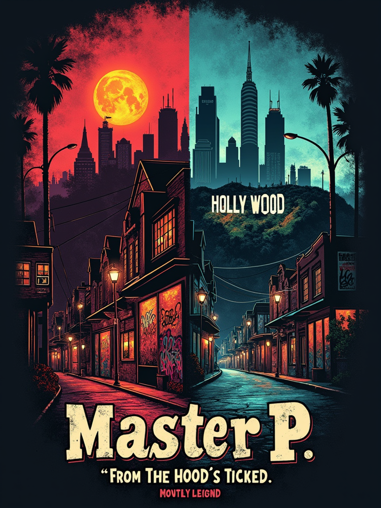 Sub-design Idea 1 (Split Cityscape): A T-shirt design split visually. One side features a gritty, urban 'Hood' aesthetic (e.g., New Orleans project silhouette, graffiti elements), while the other side showcases a glamorous 'Hollywood' scene (e.g., Hollywood sign, film reels, spotlights). The text 'Master P: Birthday Legend' acts as a central, unifying element, with 'From the Hood to Hollywood' as a tagline.