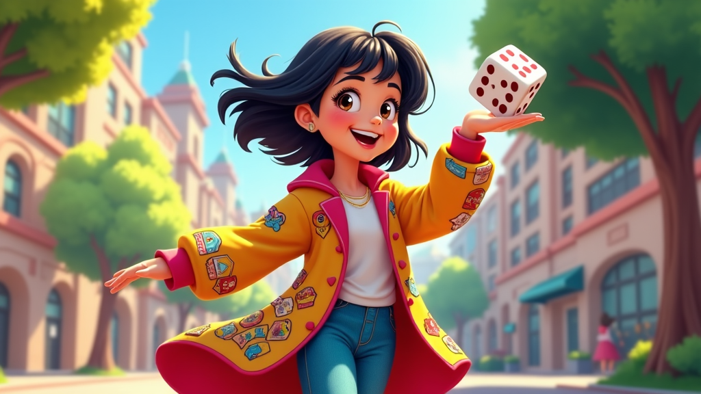 In a social media post, a chic young girl twirls joyously in her custom Monopoly jacket, brandishing an oversized dice. Her online presence charms followers eager to glimpse her blend of fashion and strategic play, inspiring viewers to embrace creativity through their favorite board games.