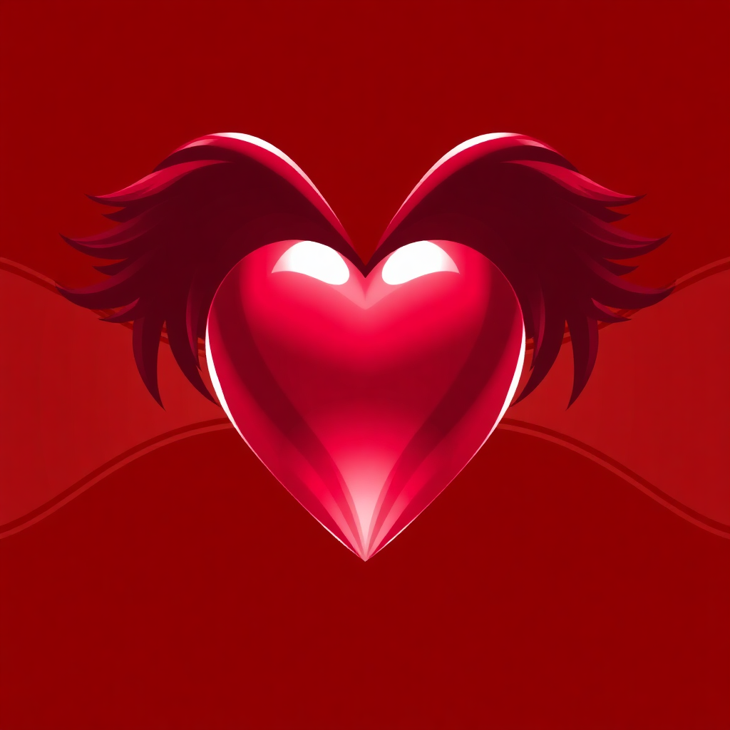 The image shows a red heart with wings on a red background. The heart is animated, giving it a lively and vibrant look.