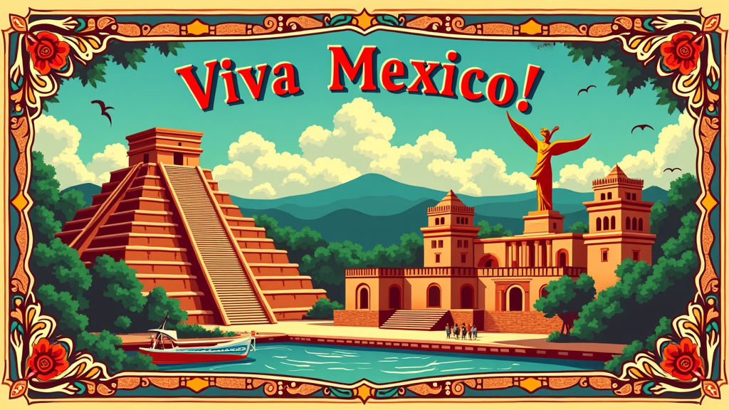 Vintage Cinco de Mayo travel poster style T-shirt: Featuring 'Viva México!' typography, iconic Mexican landmarks like Chichen Itza or the Angel of Independence, all framed with traditional folk art patterns and vibrant colors.