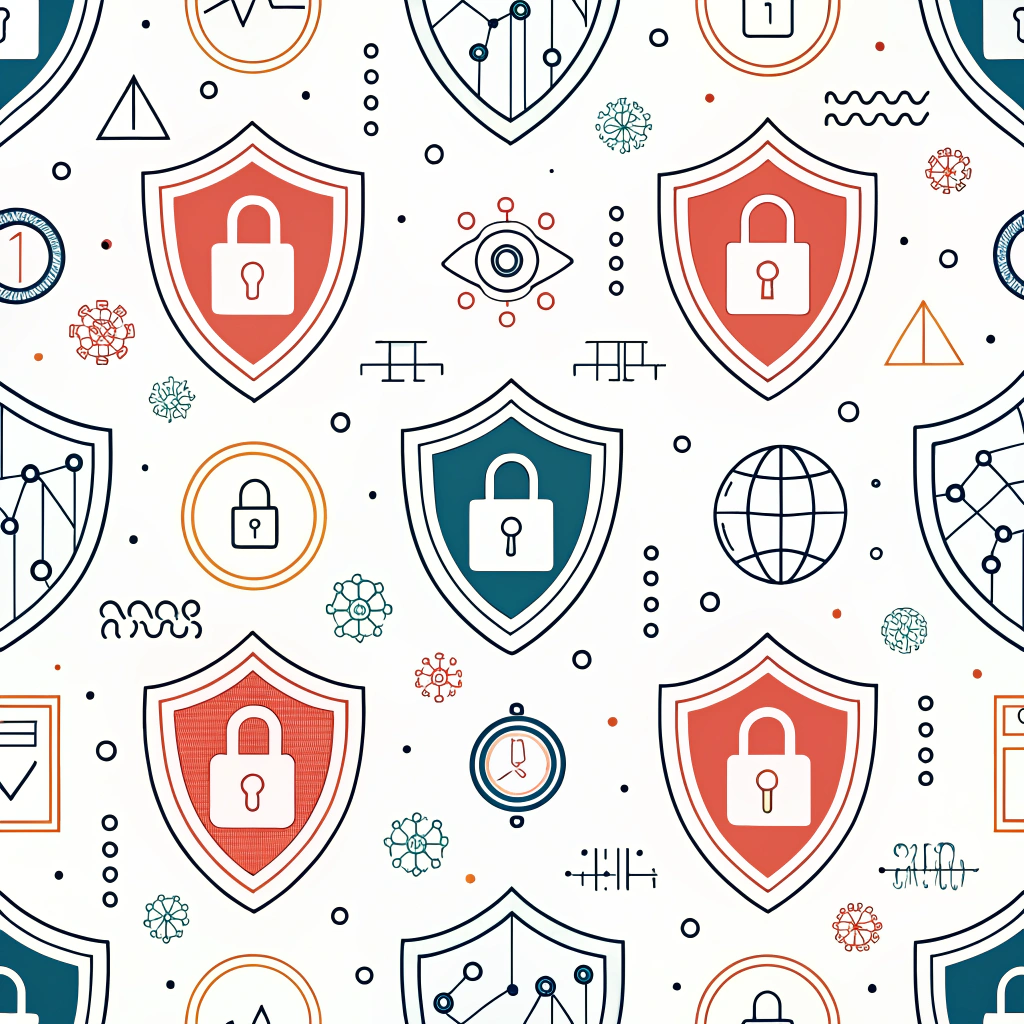 A repeating motif integrating shield and lock elements with abstract data representations embedded within, signifying built-in privacy and security by design.