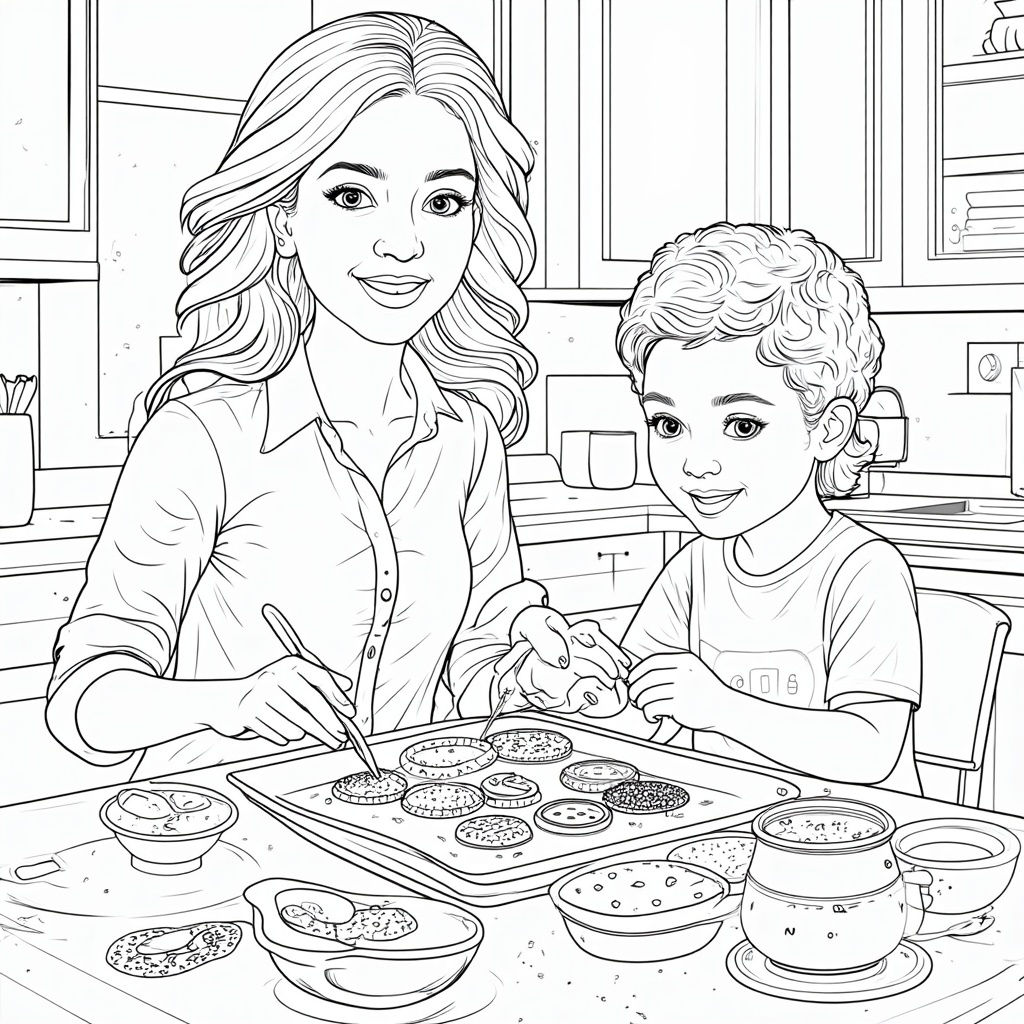 Mom and child joyfully decorating freshly baked cookies or cupcakes with colorful icing, sprinkles, and other sweet toppings at a kitchen table.