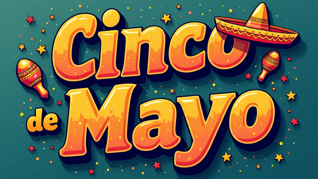 Design Idea 5: 'Typographic Rhythm with Icon Accents' - A primarily typographic design with 'Cinco de Mayo' or 'Fiesta Rhythm' as the main focus, using a bold and decorative font. Small, stylized icons of a sombrero and maracas are cleverly integrated into or around the lettering, acting as festive accents. Could incorporate subtle texture or patterns within the typography.