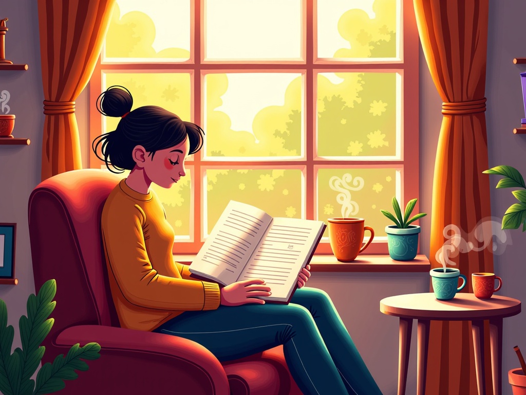 A person sits in a cozy armchair by a window, soft light illuminating the pages of a poetry book they are deeply engrossed in, perhaps with a steaming mug nearby.