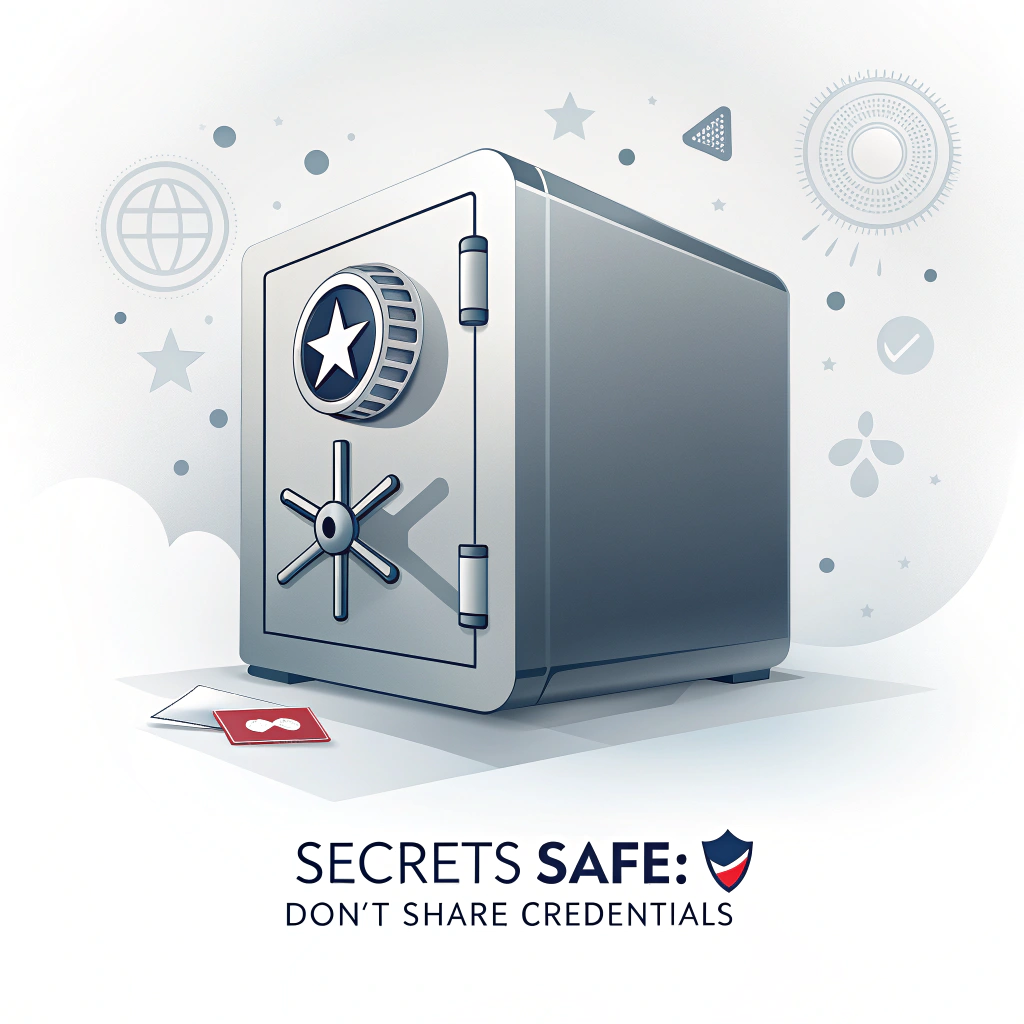 Sticker Design 2 (Digital Vault): A sleek, modern digital vault icon, secure and shining, with asterisks (representing passwords) subtly visible inside or being shielded. The tagline 'Secrets Safe: Don't Share Credentials' acts as a label for the vault's purpose.