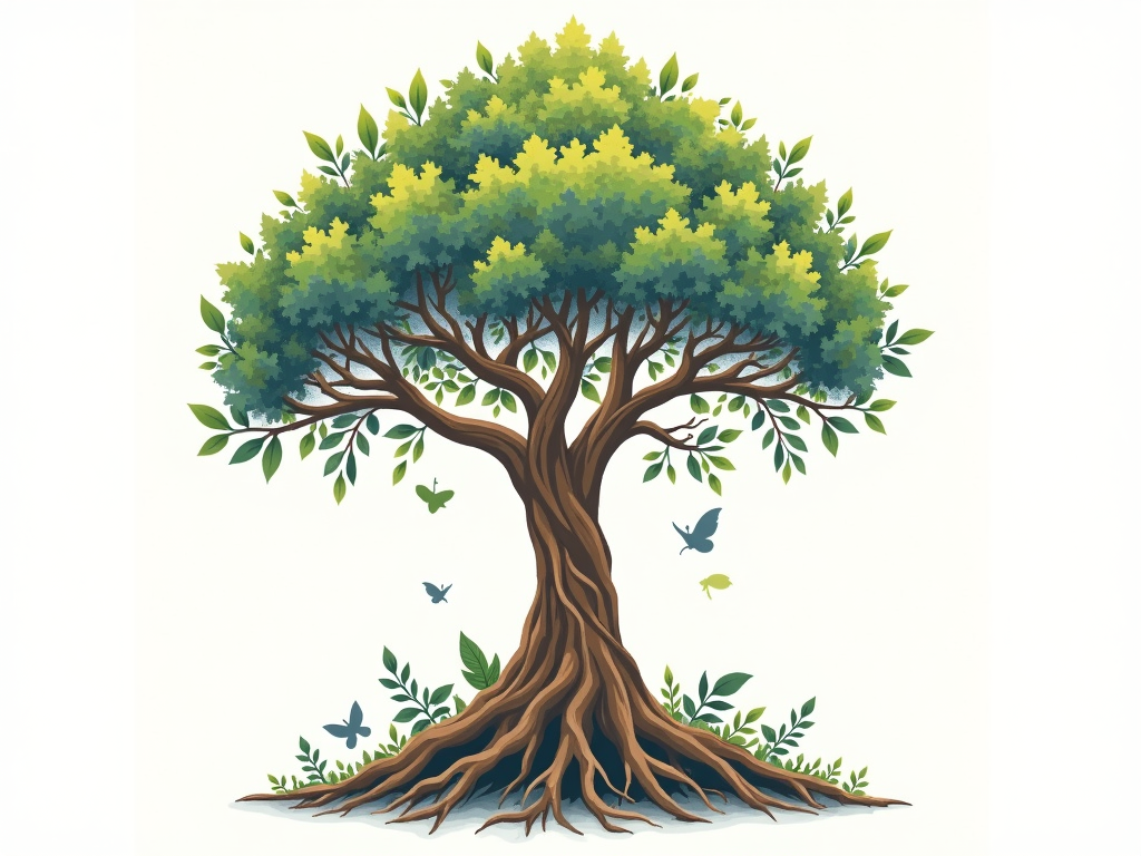 Sub-design 1: A Tree of Life where the roots intricately form the continents of Earth, and the branches bear leaves representing diverse global flora and fauna.