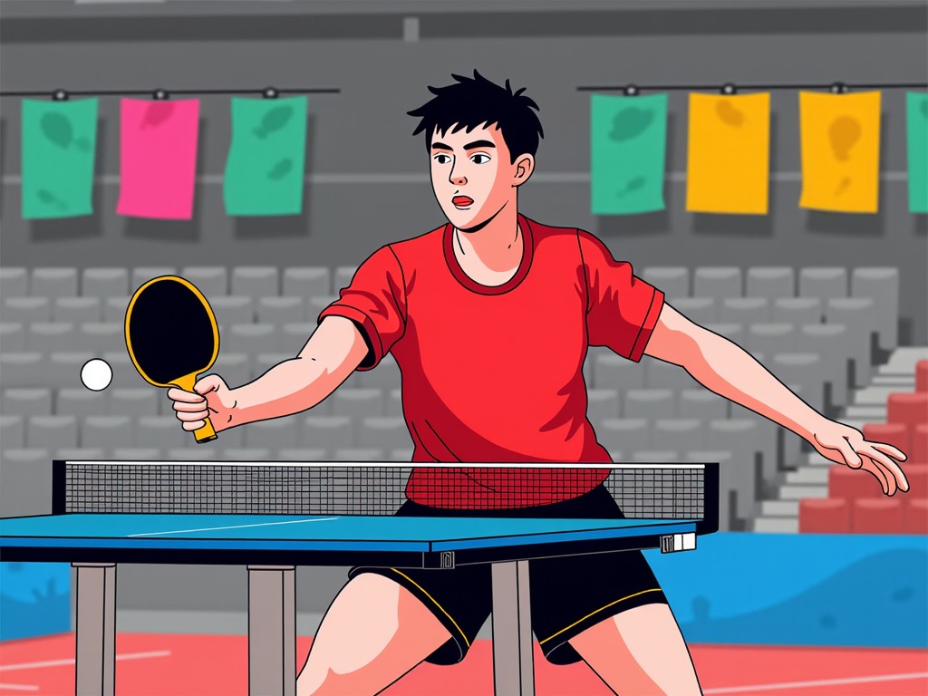  a young man playing table tennis. He is wearing a red t-shirt and black shorts and is holding a yellow ping pong paddle in his right hand. The table tennis table is blue and there is a net in front of him. The man is in the middle of a shot, with his left arm extended and his right arm extended to hit the ball. He has a determined expression on his face and his eyes are focused on the ball in the air. In the background, there are rows of empty seats and colorful flags hanging on the wall. The image appears to be an illustration of a table tennis court.