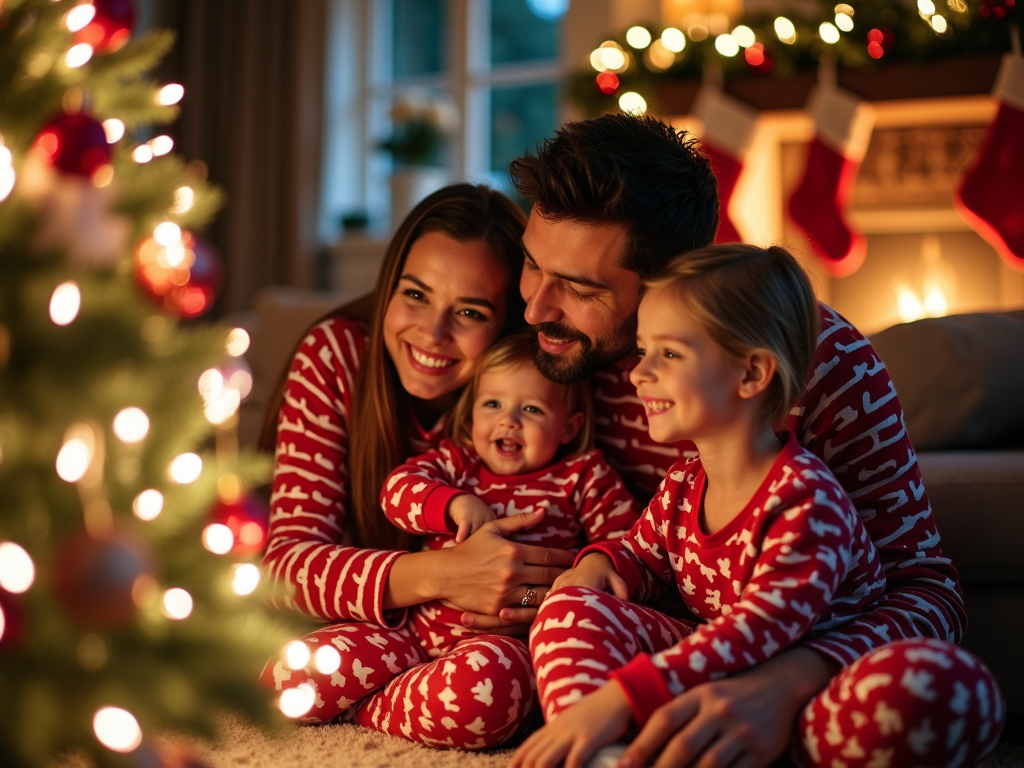 A heartwarming family portrait set in a decorated living room, featuring parents and children dressed in matching holiday pajamas, all gathered around a glowing Christmas tree. The family's warmth and joy are palpable, captured in their expressions and the gentle embrace of the festive setting, promising cherished memories.