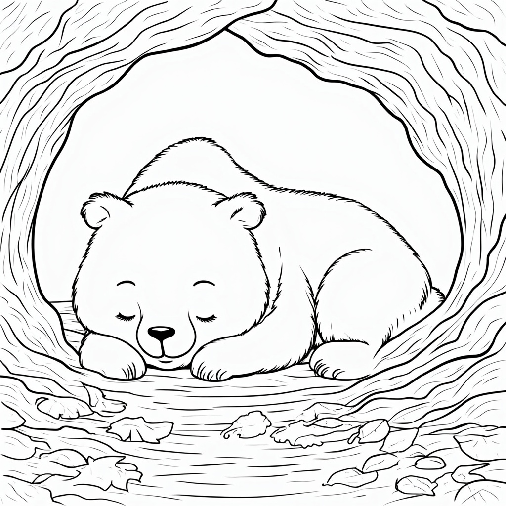 A sleepy bear nestled in a cave, softly surrounded by fallen autumn leaves.