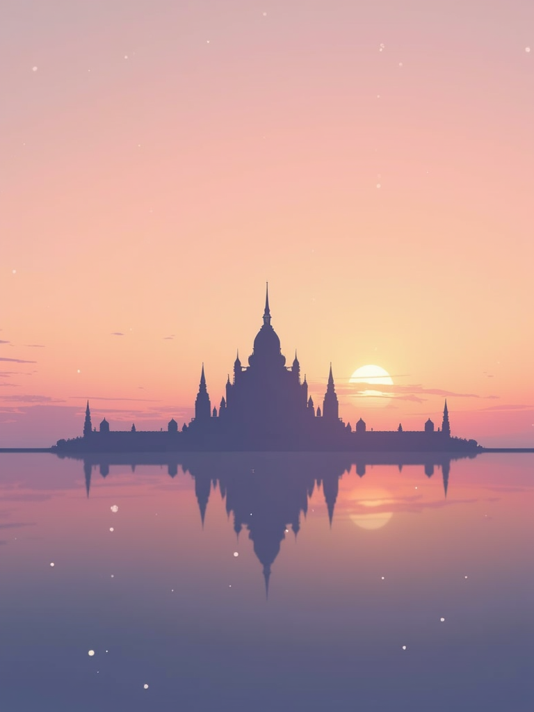 A fine-line illustration of the specific year's Temple silhouetted against a serene dawn or dusk sky. Soft pastel gradients (e.g., muted oranges, pinks, lavenders) create a peaceful atmosphere, with perhaps a single, distant light source or star emphasizing solitude and reflection.