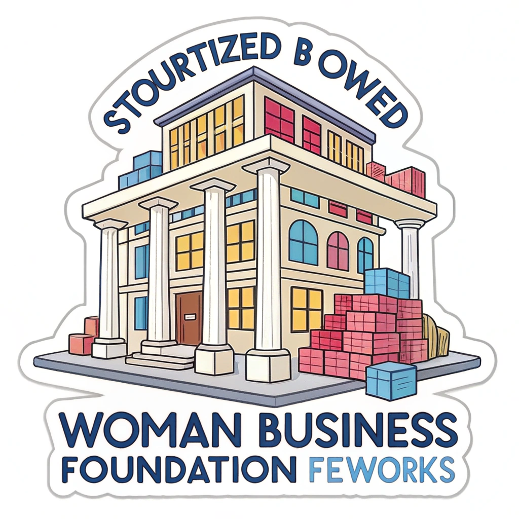 Develop an icon showing a stylized building made of blocks, each block representing a woman-owned business, supported by a strong foundation. The foundation symbolizes support networks and resources.
