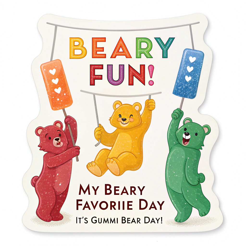 Sub-Design Idea 5: A die-cut sticker showing a collection of different colored gummi bears holding up individual letters that spell out 'BEARY FUN!'. Below this, the text 'My Beary Favorite Day' and 'It's Gummi Bear Day!' are included in a complementary cute font.