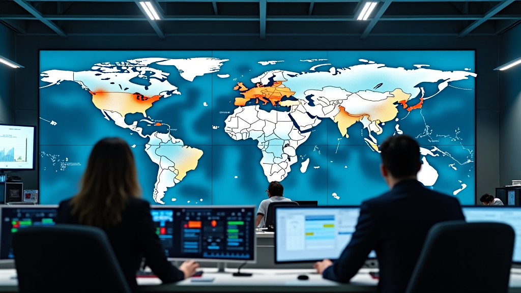 An image of a digital map tracking government resource distribution efficiently, displayed on a massive screen in the control room.